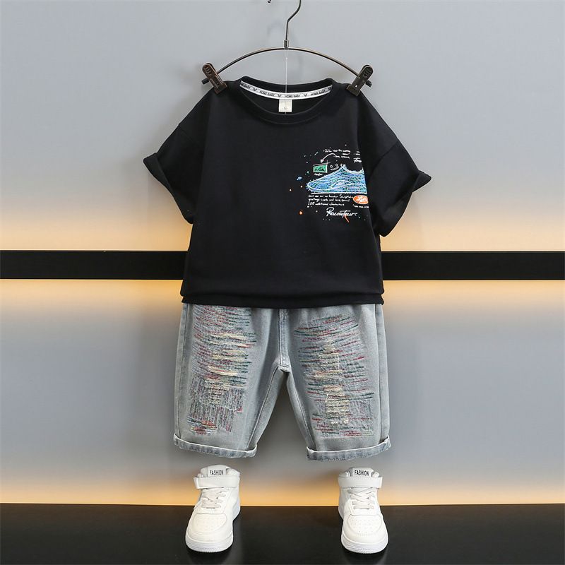 Custom Print Paint Splatter Tee Streetwear Graffiti Distressed Tshirt 220G Cotton T-shirt For Men  Baby Boys  Sets