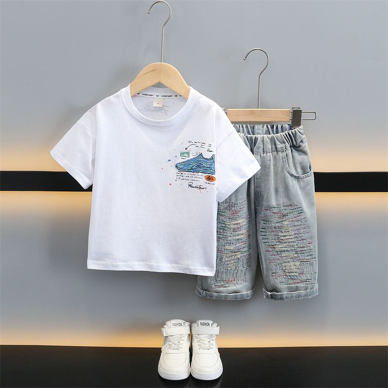 Custom Print Paint Splatter Tee Streetwear Graffiti Distressed Tshirt 220G Cotton T-shirt For Men  Baby Boys  Sets