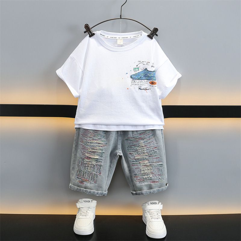 Custom Print Paint Splatter Tee Streetwear Graffiti Distressed Tshirt 220G Cotton T-shirt For Men  Baby Boys  Sets