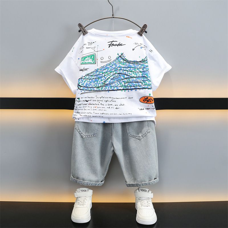 Custom Print Paint Splatter Tee Streetwear Graffiti Distressed Tshirt 220G Cotton T-shirt For Men  Baby Boys  Sets