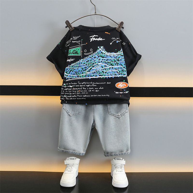 Custom Print Paint Splatter Tee Streetwear Graffiti Distressed Tshirt 220G Cotton T-shirt For Men  Baby Boys  Sets