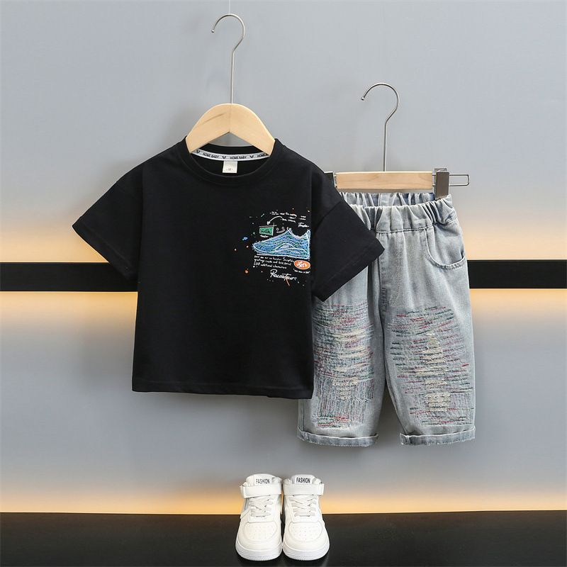 Custom Print Paint Splatter Tee Streetwear Graffiti Distressed Tshirt 220G Cotton T-shirt For Men  Baby Boys  Sets