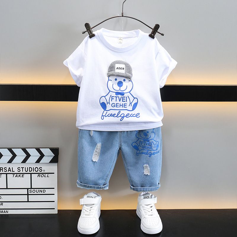 Summer Clothes For Kids Cute Handsome Fun Cartoon Design Suit For Kids Boys Children's T-Shirt Short Set + Denim Shorts Sets