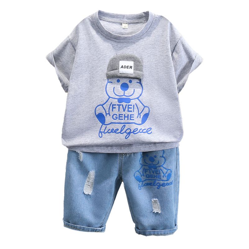Summer Clothes For Kids Cute Handsome Fun Cartoon Design Suit For Kids Boys Children's T-Shirt Short Set + Denim Shorts Sets