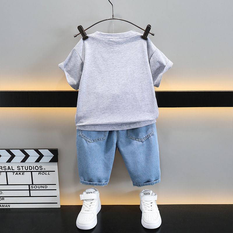 Summer Clothes For Kids Cute Handsome Fun Cartoon Design Suit For Kids Boys Children's T-Shirt Short Set + Denim Shorts Sets