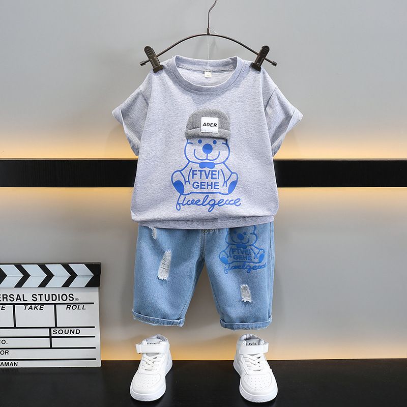 Summer Clothes For Kids Cute Handsome Fun Cartoon Design Suit For Kids Boys Children's T-Shirt Short Set + Denim Shorts Sets