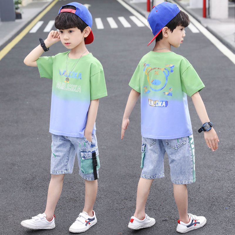 New Arrivals Children Boys Clothing Short Sleeve Tie Dye T Shirt Denim Shorts 2Pcs Sportswear Summer Clothes For Kids  Sets