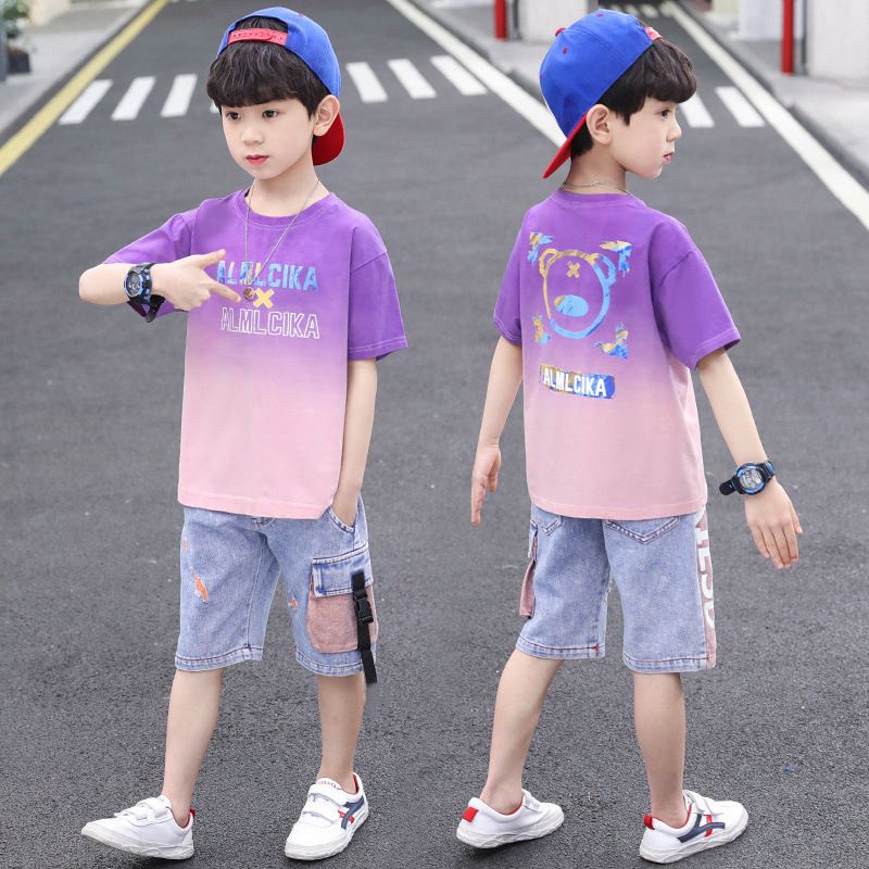 New Arrivals Children Boys Clothing Short Sleeve Tie Dye T Shirt Denim Shorts 2Pcs Sportswear Summer Clothes For Kids  Sets