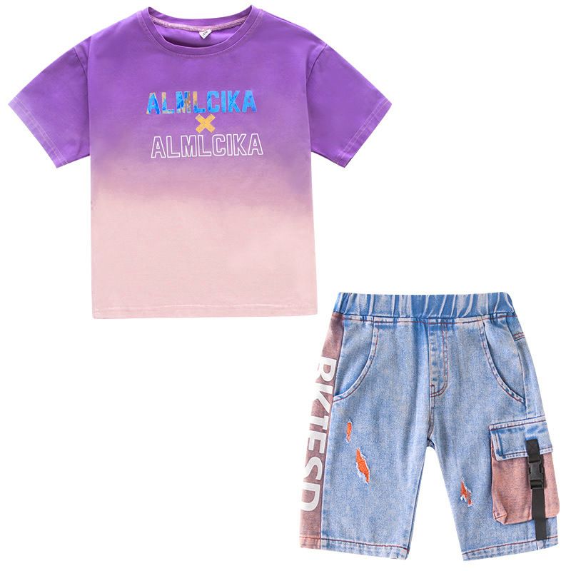 New Arrivals Children Boys Clothing Short Sleeve Tie Dye T Shirt Denim Shorts 2Pcs Sportswear Summer Clothes For Kids  Sets