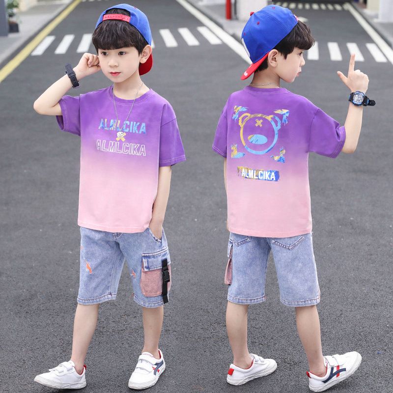 New Arrivals Children Boys Clothing Short Sleeve Tie Dye T Shirt Denim Shorts 2Pcs Sportswear Summer Clothes For Kids  Sets
