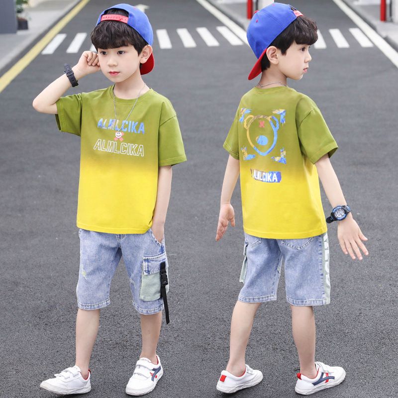 New Arrivals Children Boys Clothing Short Sleeve Tie Dye T Shirt Denim Shorts 2Pcs Sportswear Summer Clothes For Kids  Sets