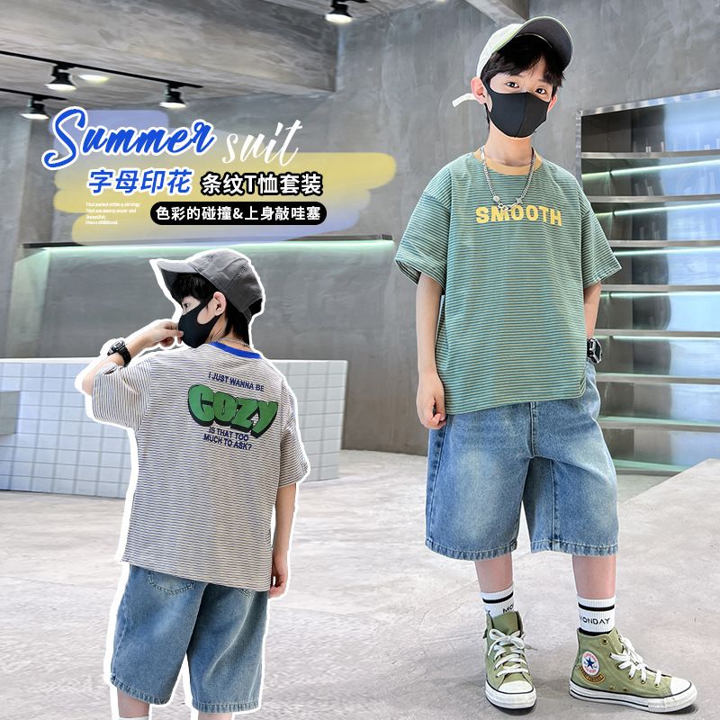 High Quality Teen Boys Summer Clothes Wholesale Letter T-shirt Baggy Denim Shorts boys clothing sets 7 to 12 years old Clothing Sets