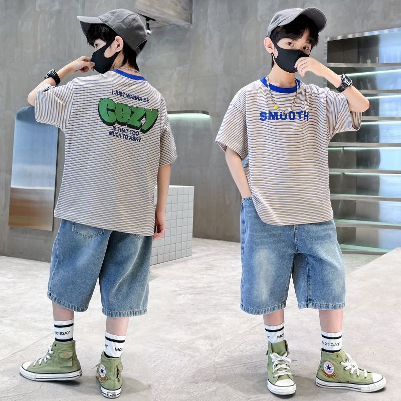 High Quality Teen Boys Summer Clothes Wholesale Letter T-shirt Baggy Denim Shorts boys clothing sets 7 to 12 years old Clothing Sets