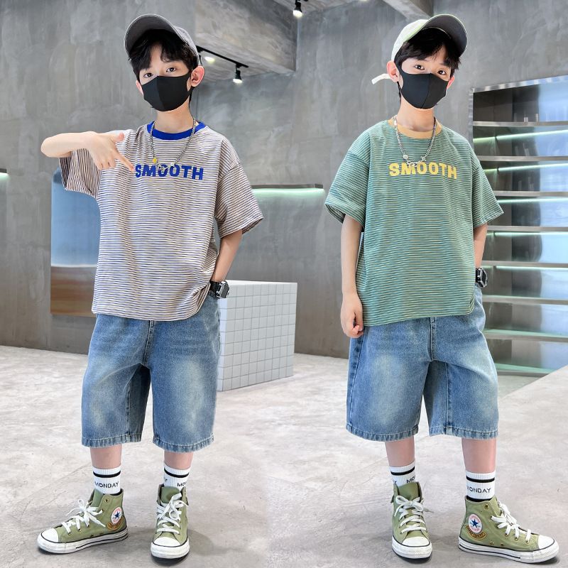 High Quality Teen Boys Summer Clothes Wholesale Letter T-shirt Baggy Denim Shorts boys clothing sets 7 to 12 years old Clothing Sets