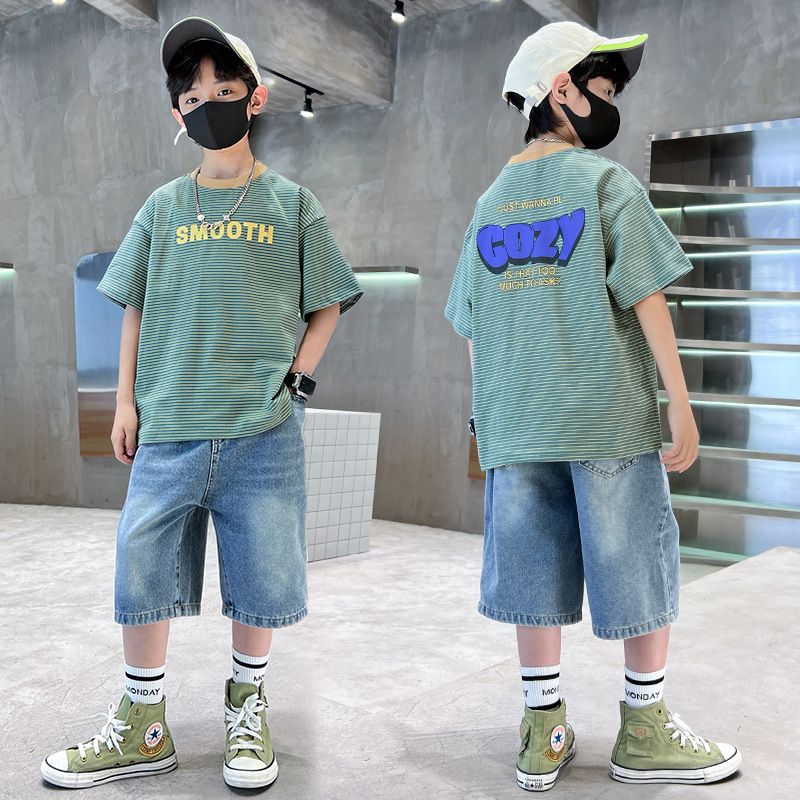 High Quality Teen Boys Summer Clothes Wholesale Letter T-shirt Baggy Denim Shorts boys clothing sets 7 to 12 years old Clothing Sets
