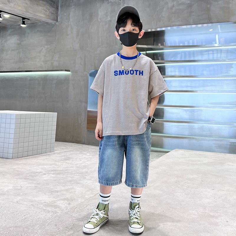 High Quality Teen Boys Summer Clothes Wholesale Letter T-shirt Baggy Denim Shorts boys clothing sets 7 to 12 years old Clothing Sets
