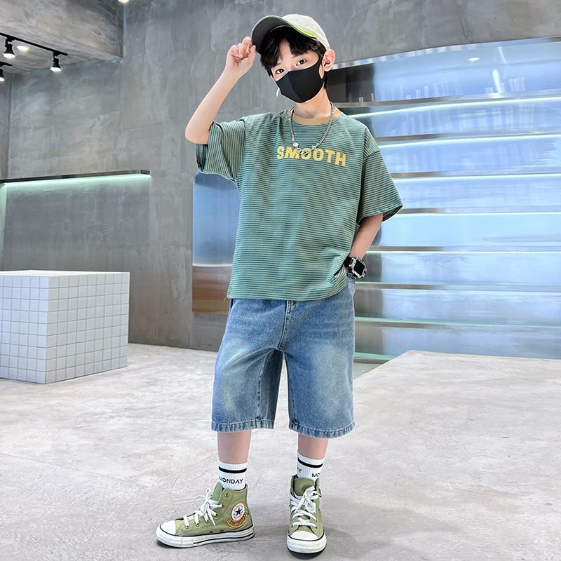High Quality Teen Boys Summer Clothes Wholesale Letter T-shirt Baggy Denim Shorts boys clothing sets 7 to 12 years old Clothing Sets