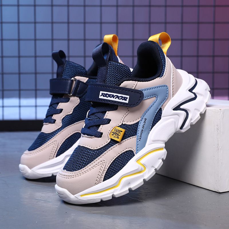 Autumn New Boys Mesh Leather Stitch Sneakers Solid Color Soft Sole Basketball Shoes Middle School Students kids' sport shoes Sneakers