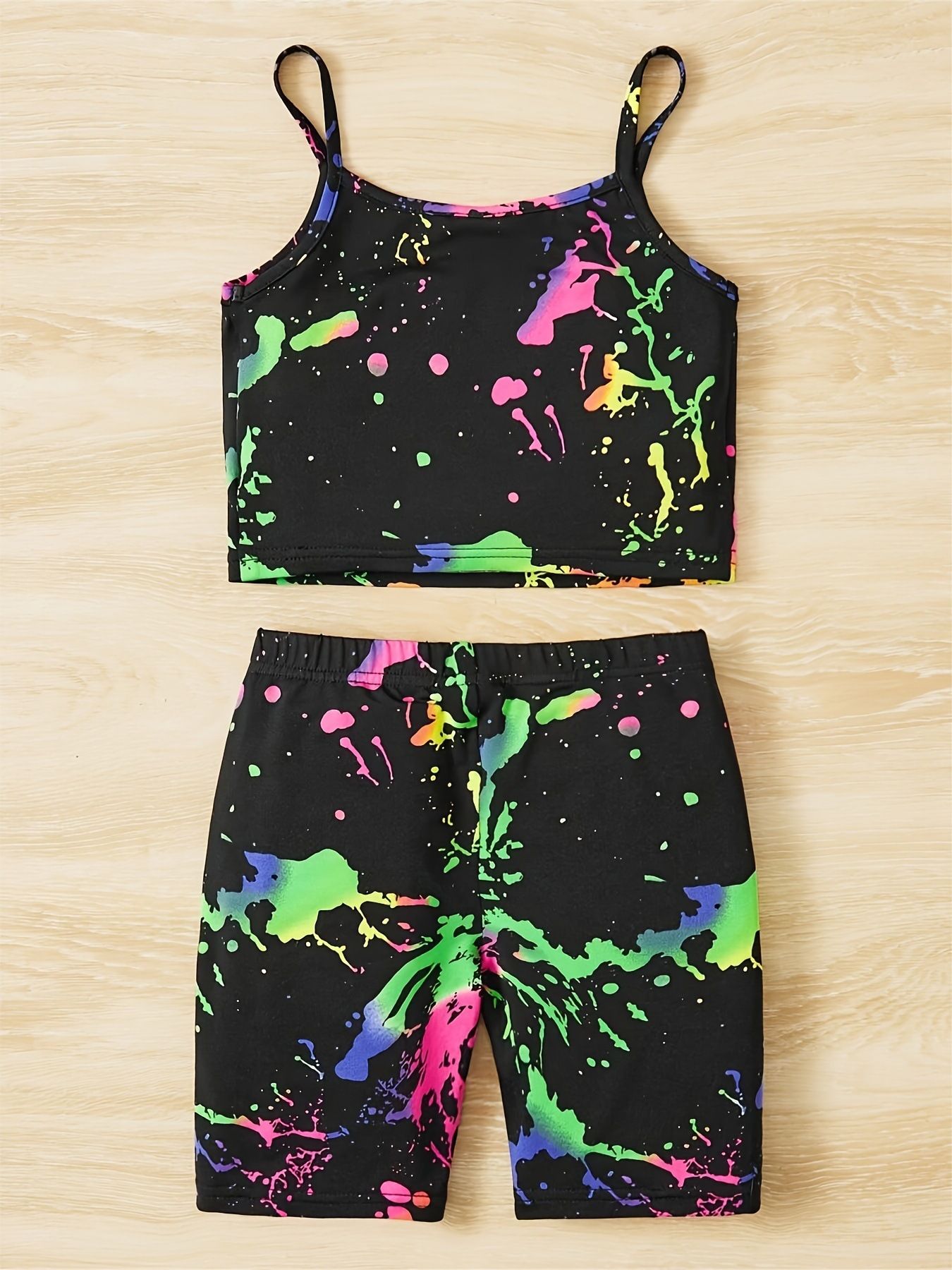Girls' fashionable tie dye full print set outdoor sports vest set suitable for ages 1-8  Clothing Sets