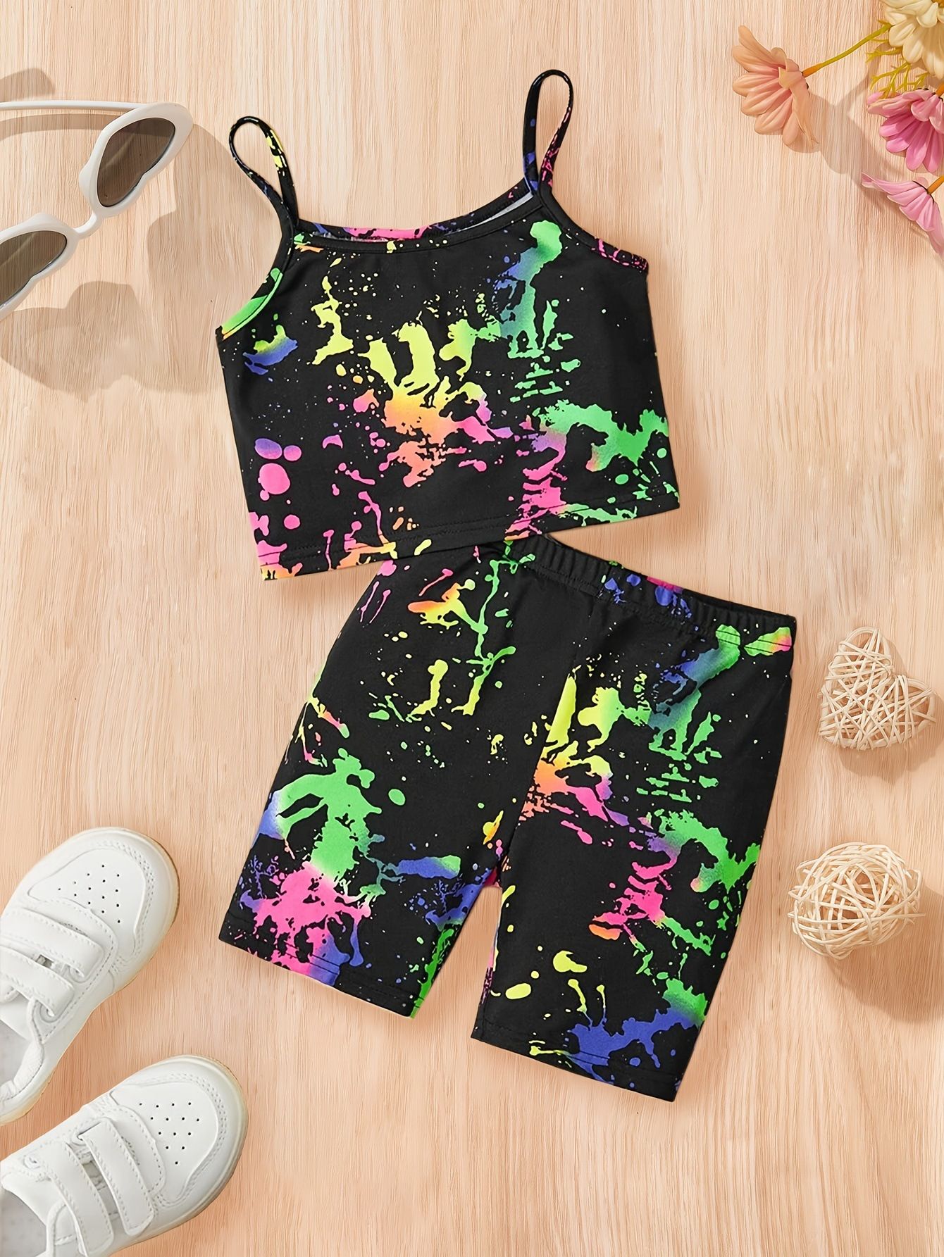 Girls' fashionable tie dye full print set outdoor sports vest set suitable for ages 1-8  Clothing Sets