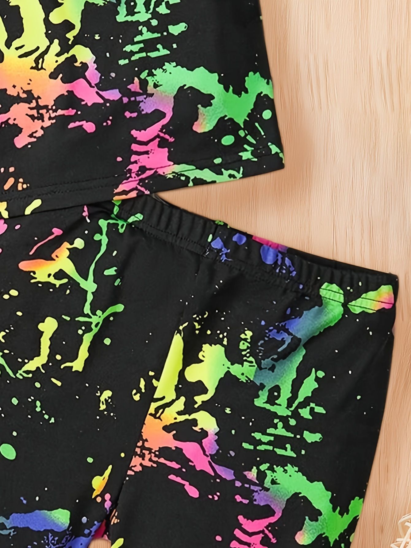 Girls' fashionable tie dye full print set outdoor sports vest set suitable for ages 1-8  Clothing Sets