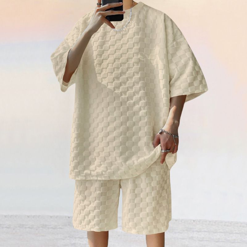 Men's Summer New Jacquard Check Short Sleeve T-shirt Loose Large Size Straight Leg Casual ShortsTwo-Piece Outfits
