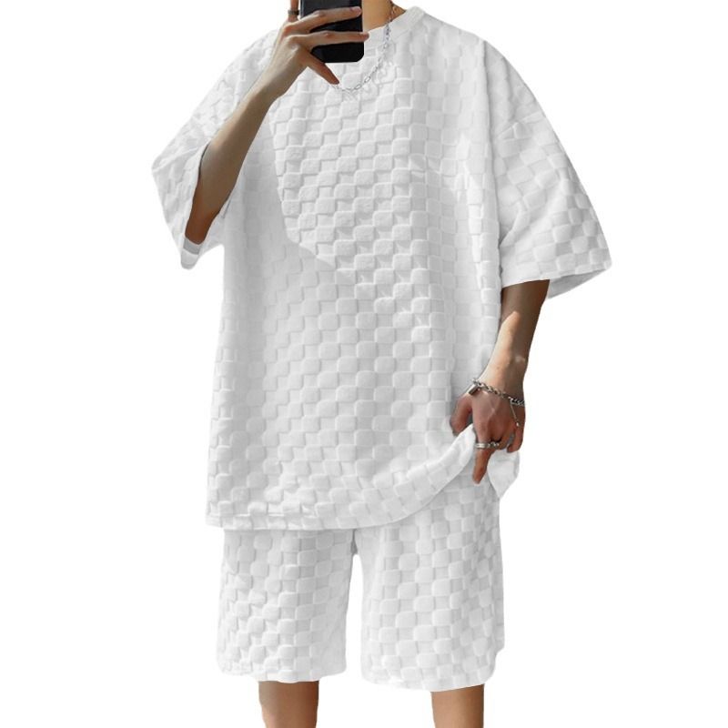 Men's Summer New Jacquard Check Short Sleeve T-shirt Loose Large Size Straight Leg Casual ShortsTwo-Piece Outfits