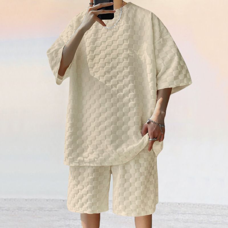 Men's Summer New Jacquard Check Short Sleeve T-shirt Loose Large Size Straight Leg Casual ShortsTwo-Piece Outfits