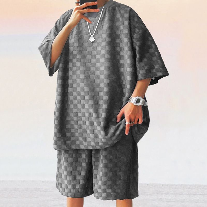 Men's Summer New Jacquard Check Short Sleeve T-shirt Loose Large Size Straight Leg Casual ShortsTwo-Piece Outfits
