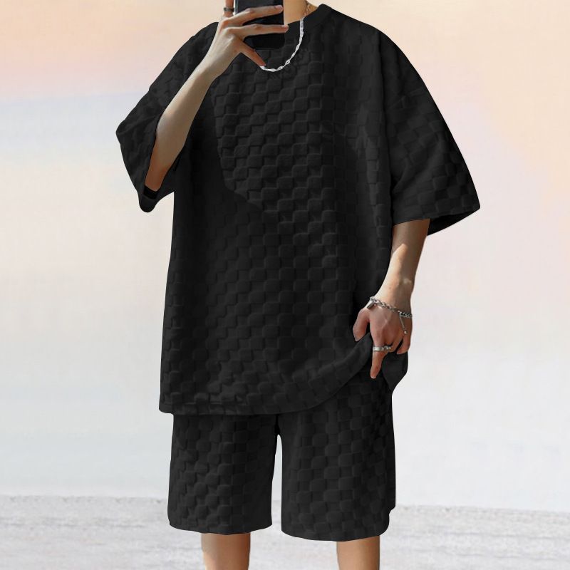 Men's Summer New Jacquard Check Short Sleeve T-shirt Loose Large Size Straight Leg Casual ShortsTwo-Piece Outfits
