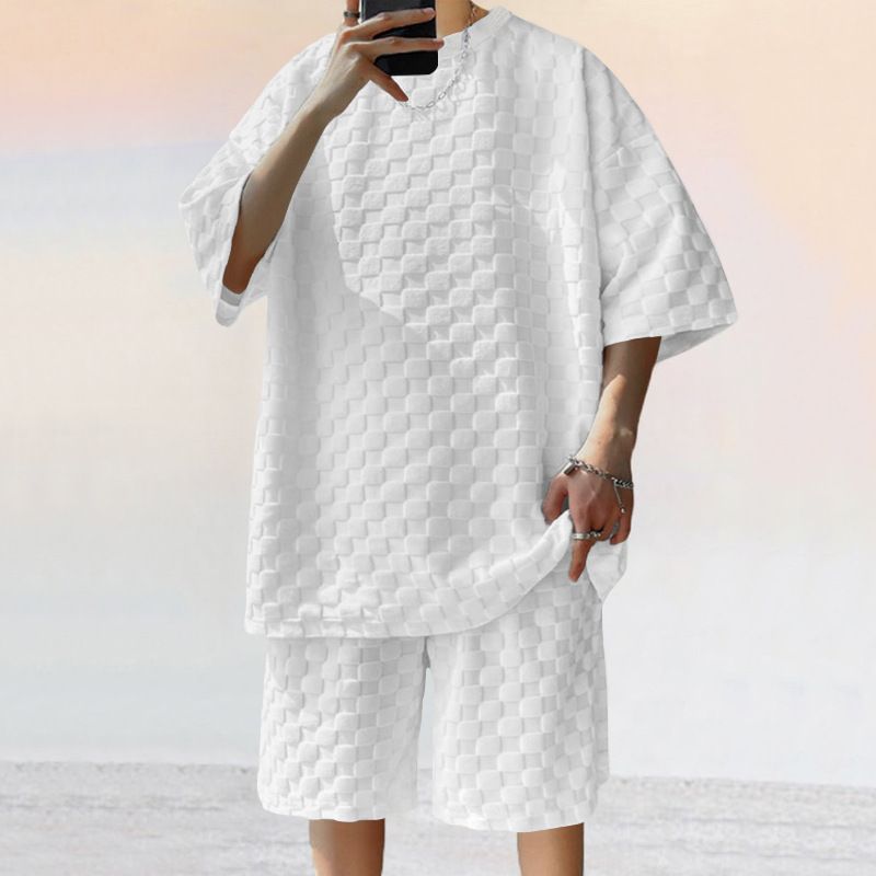 Men's Summer New Jacquard Check Short Sleeve T-shirt Loose Large Size Straight Leg Casual ShortsTwo-Piece Outfits