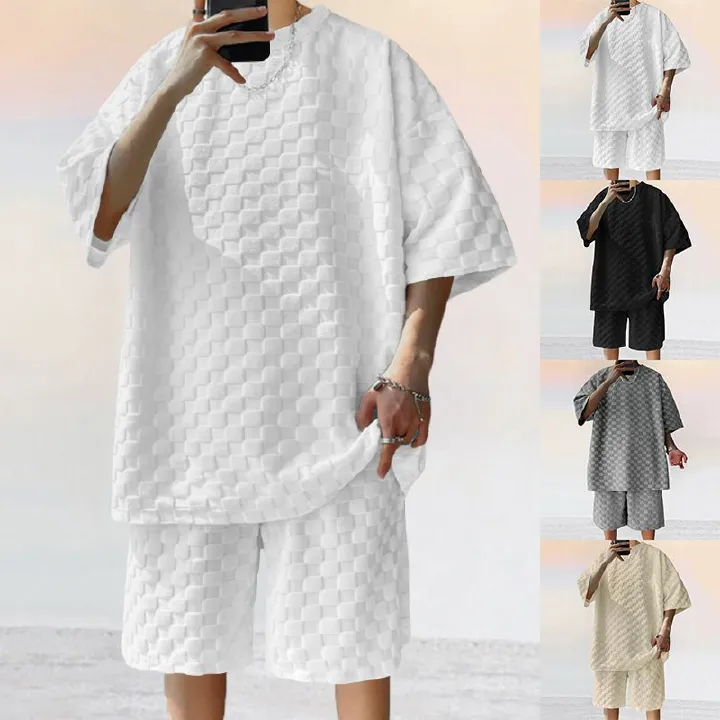 Men's Summer New Jacquard Check Short Sleeve T-shirt Loose Large Size Straight Leg Casual ShortsTwo-Piece Outfits