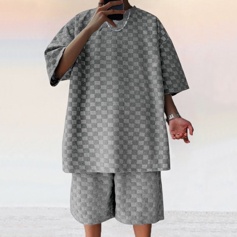 Men's Summer New Jacquard Check Short Sleeve T-shirt Loose Large Size Straight Leg Casual ShortsTwo-Piece Outfits