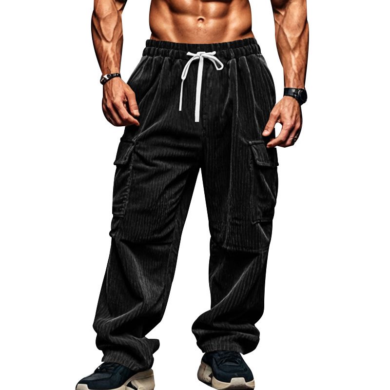 Corduroy Trousers Men Autumn Winter Casual Breathable Wide Leg Polyester Mens Multi Pocket Cargo Straight Pants Casual
