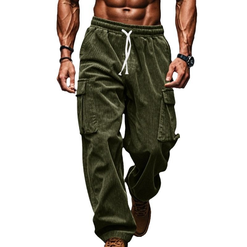 Corduroy Trousers Men Autumn Winter Casual Breathable Wide Leg Polyester Mens Multi Pocket Cargo Straight Pants Casual