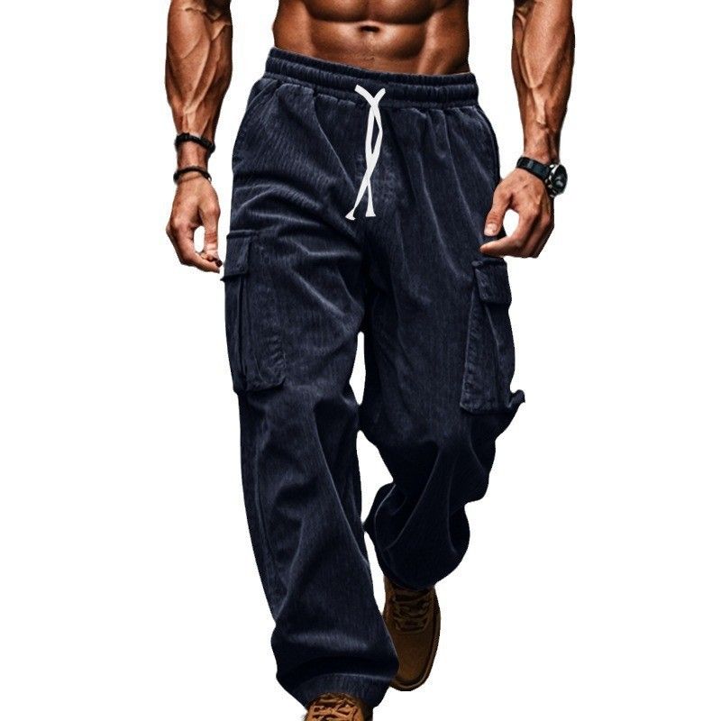 Corduroy Trousers Men Autumn Winter Casual Breathable Wide Leg Polyester Mens Multi Pocket Cargo Straight Pants Casual