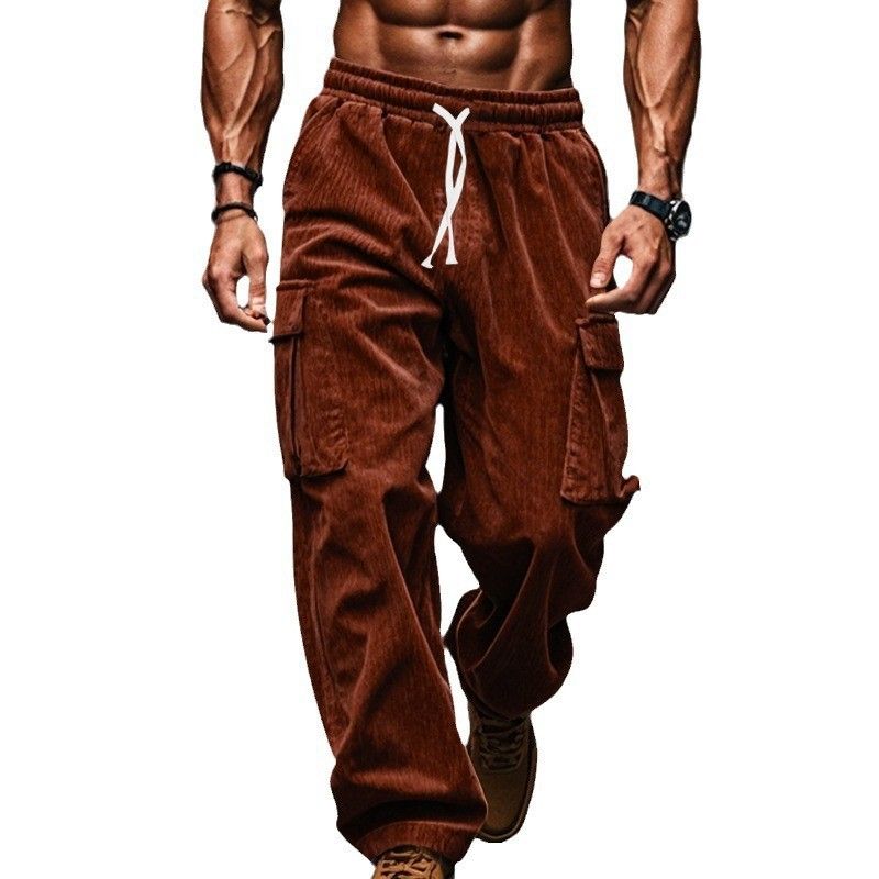 Corduroy Trousers Men Autumn Winter Casual Breathable Wide Leg Polyester Mens Multi Pocket Cargo Straight Pants Casual