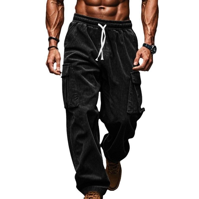 Corduroy Trousers Men Autumn Winter Casual Breathable Wide Leg Polyester Mens Multi Pocket Cargo Straight Pants Casual