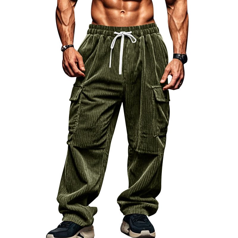 Corduroy Trousers Men Autumn Winter Casual Breathable Wide Leg Polyester Mens Multi Pocket Cargo Straight Pants Casual