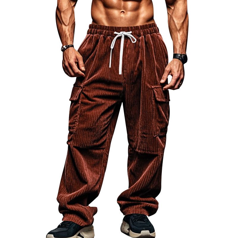 Corduroy Trousers Men Autumn Winter Casual Breathable Wide Leg Polyester Mens Multi Pocket Cargo Straight Pants Casual
