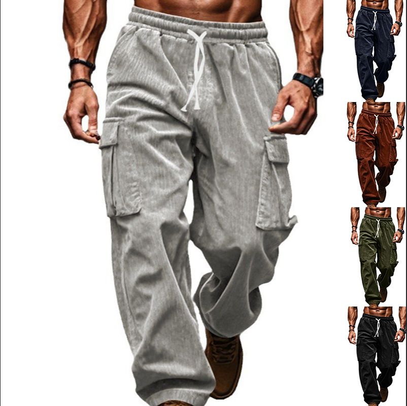 Corduroy Trousers Men Autumn Winter Casual Breathable Wide Leg Polyester Mens Multi Pocket Cargo Straight Pants Casual