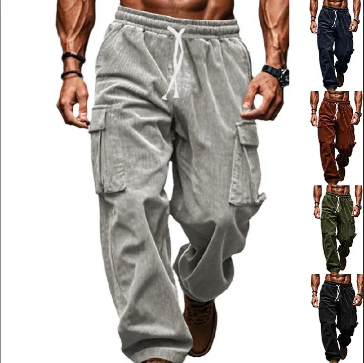 Corduroy Trousers Men Autumn Winter Casual Breathable Wide Leg Polyester Mens Multi Pocket Cargo Straight Pants Casual