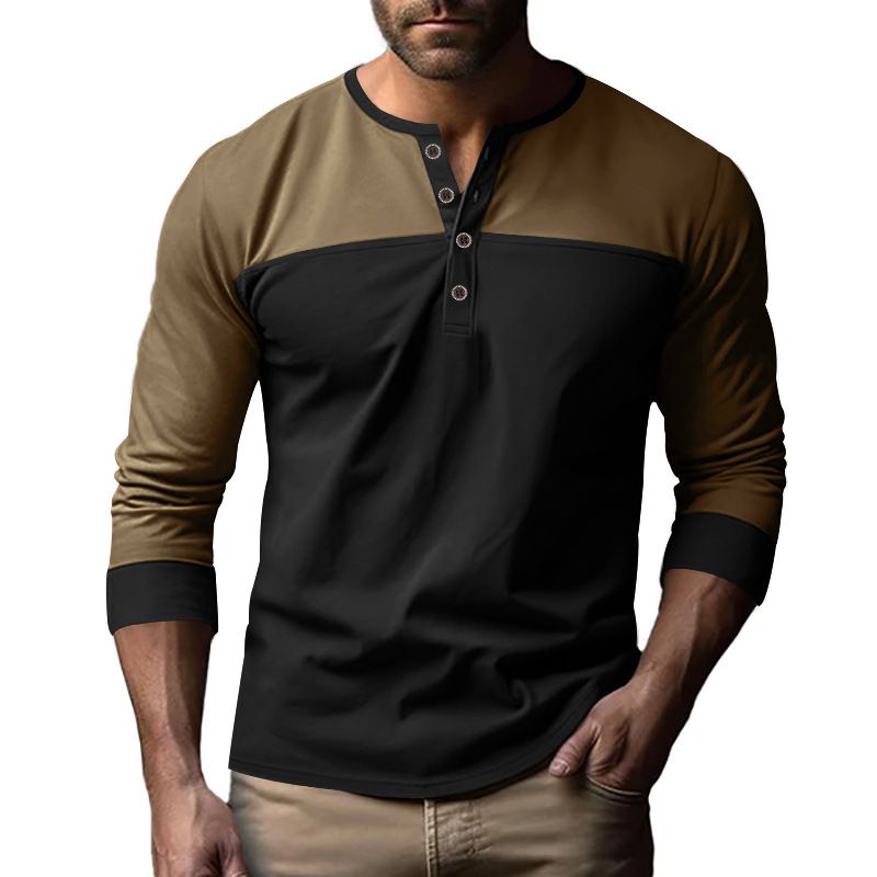 Men's New Fall Vintage Color-matching Henry Collar Base Shirt Men's Long-sleeved T-shirt