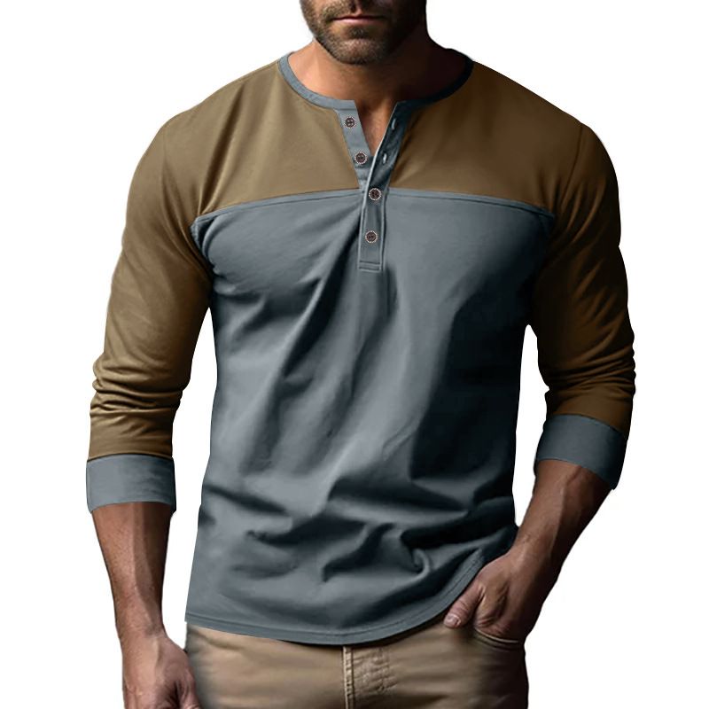 Men's New Fall Vintage Color-matching Henry Collar Base Shirt Men's Long-sleeved T-shirt