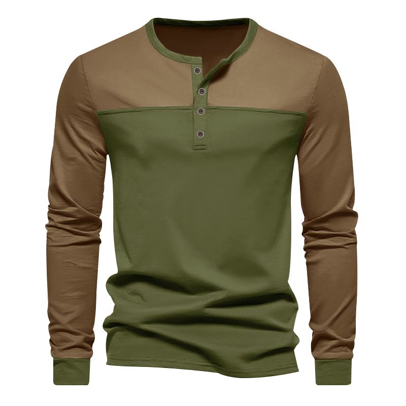 Men's New Fall Vintage Color-matching Henry Collar Base Shirt Men's Long-sleeved T-shirt