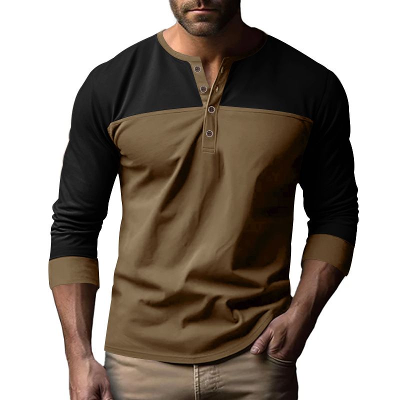 Men's New Fall Vintage Color-matching Henry Collar Base Shirt Men's Long-sleeved T-shirt