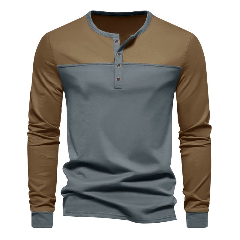 Men's New Fall Vintage Color-matching Henry Collar Base Shirt Men's Long-sleeved T-shirt