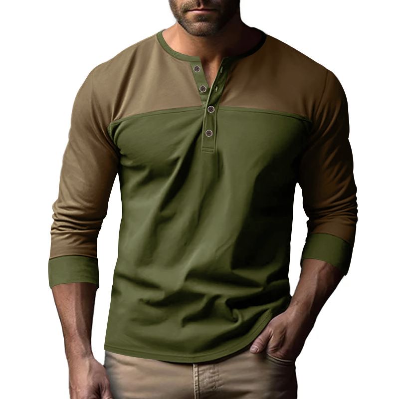 Men's New Fall Vintage Color-matching Henry Collar Base Shirt Men's Long-sleeved T-shirt