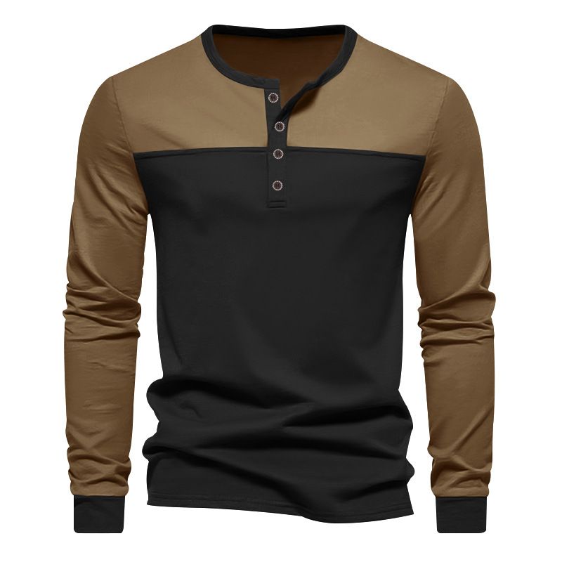 Men's New Fall Vintage Color-matching Henry Collar Base Shirt Men's Long-sleeved T-shirt