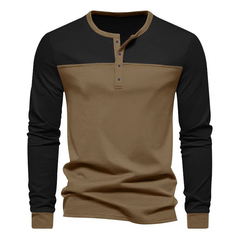 Men's New Fall Vintage Color-matching Henry Collar Base Shirt Men's Long-sleeved T-shirt